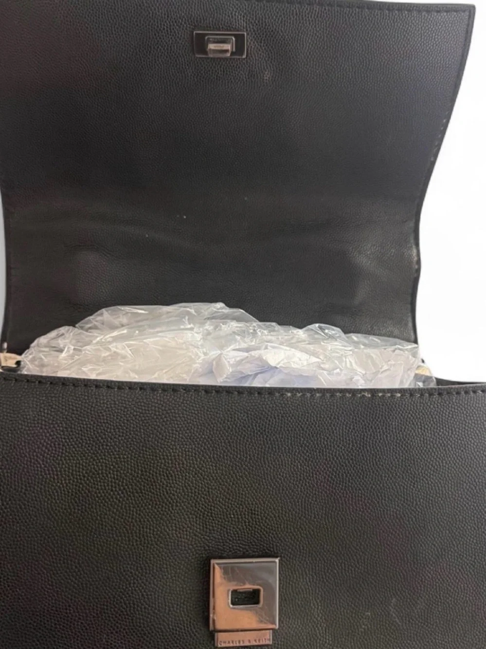 Charles & Keith Black Crossbody with Cream Floral Flap